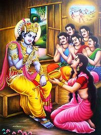 पात्र में लगे साग को खाते श्रीकृष्ण